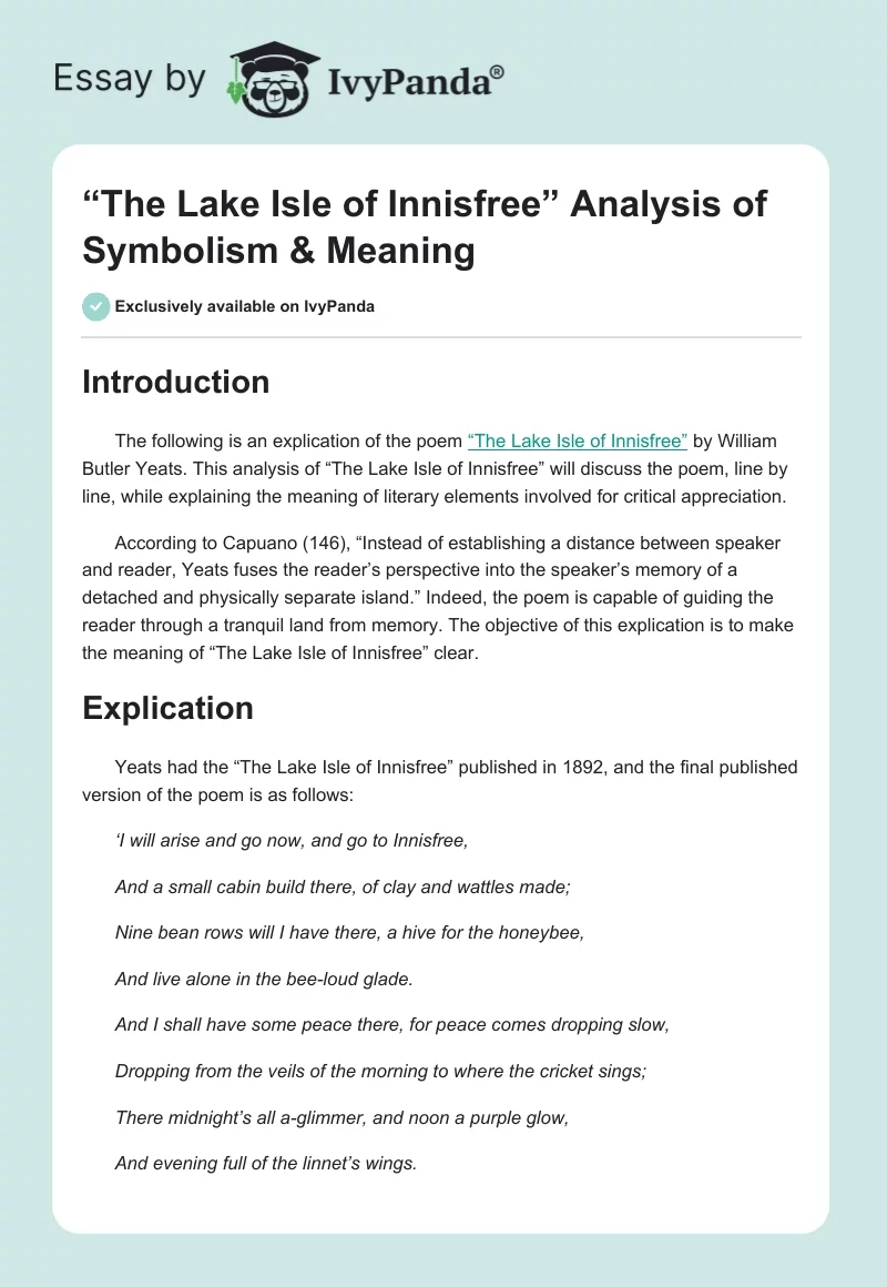 “The Lake Isle of Innisfree” Analysis of Symbolism & Meaning. Page 1