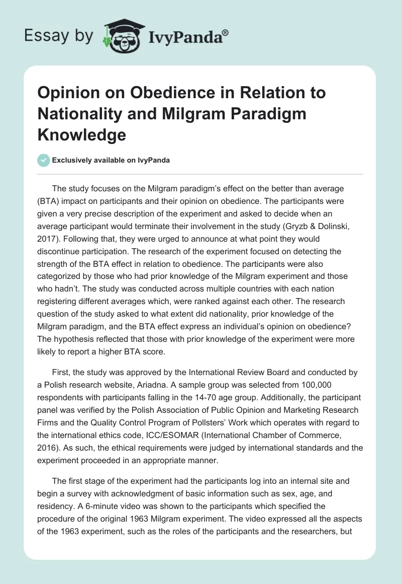 Opinion on Obedience in Relation to Nationality and Milgram Paradigm Knowledge. Page 1