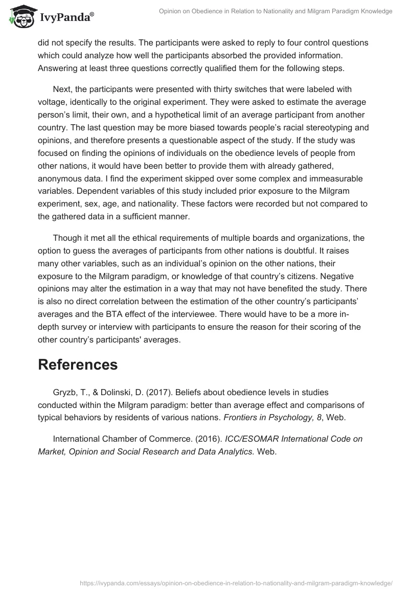 Opinion on Obedience in Relation to Nationality and Milgram Paradigm Knowledge. Page 2
