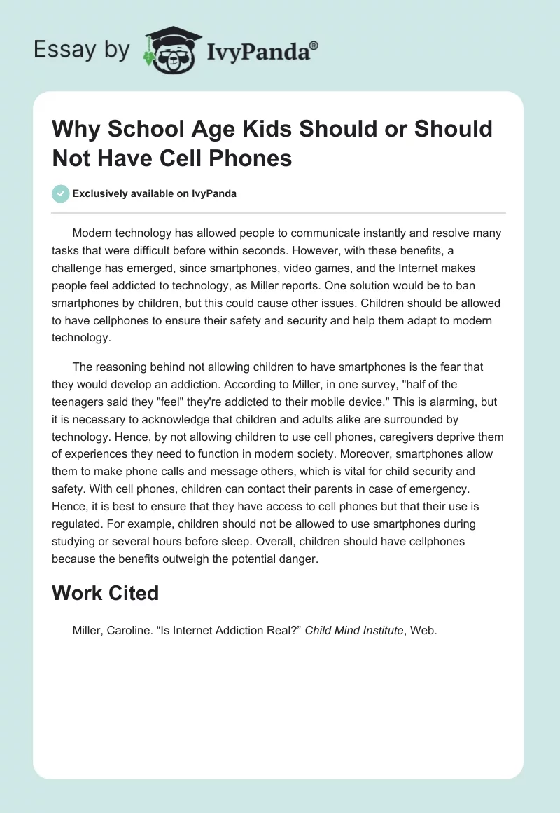 Why School Age Kids Should or Should Not Have Cell Phones. Page 1