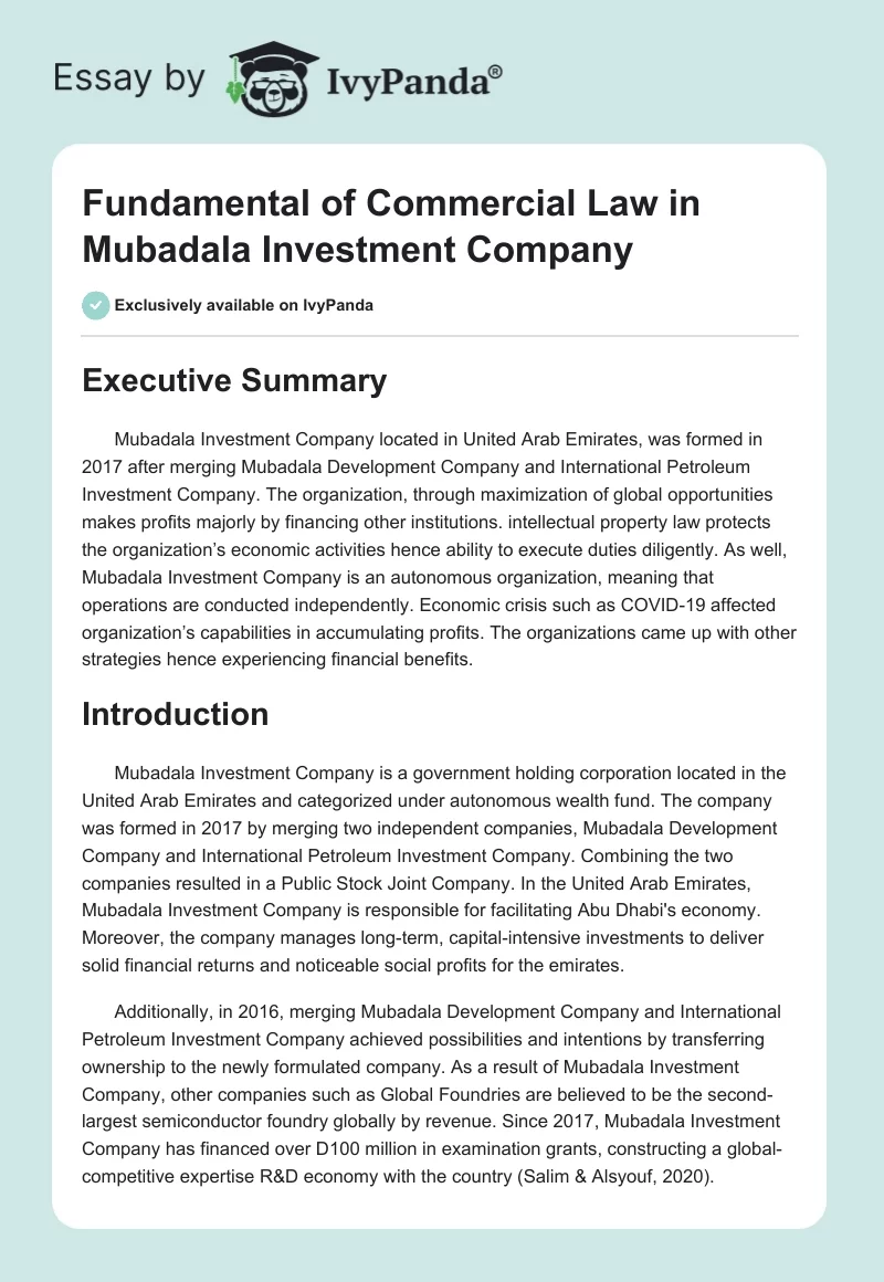 Fundamental of Commercial Law in Mubadala Investment Company. Page 1