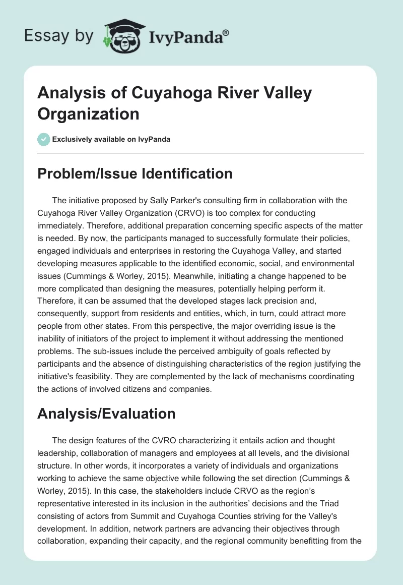 Analysis of Cuyahoga River Valley Organization. Page 1