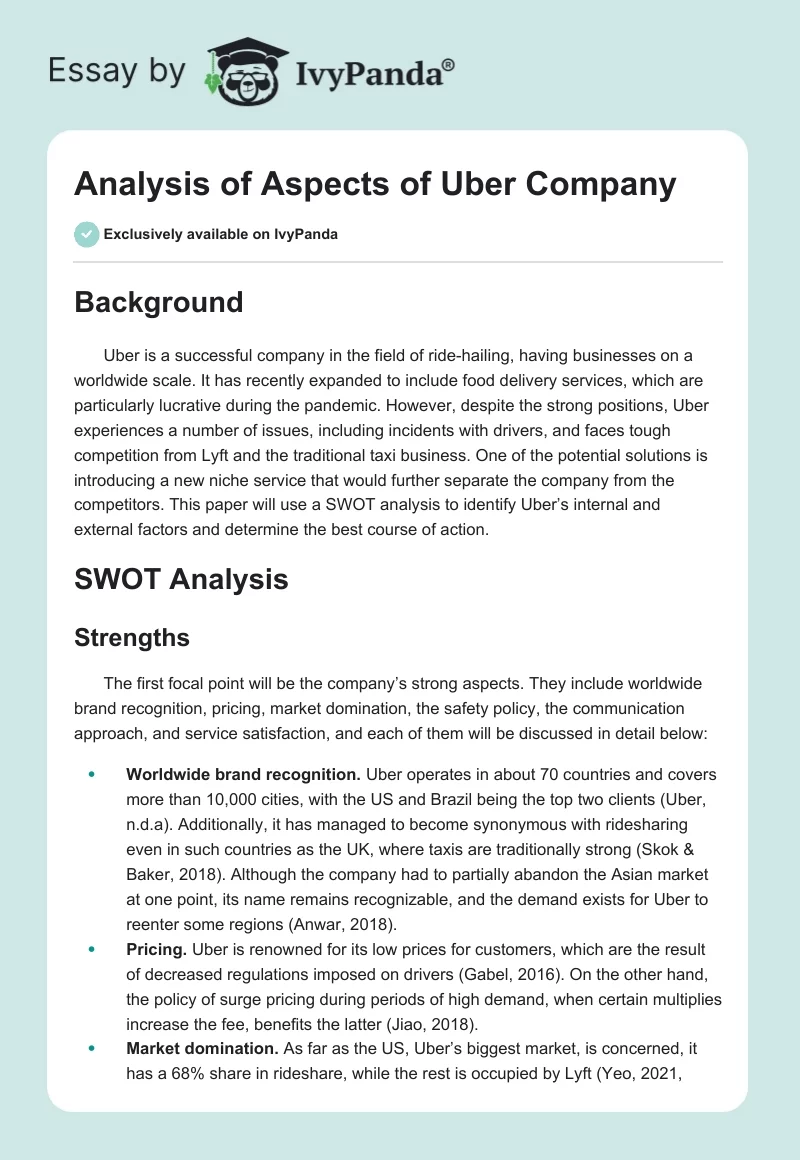 Analysis of Aspects of Uber Company. Page 1