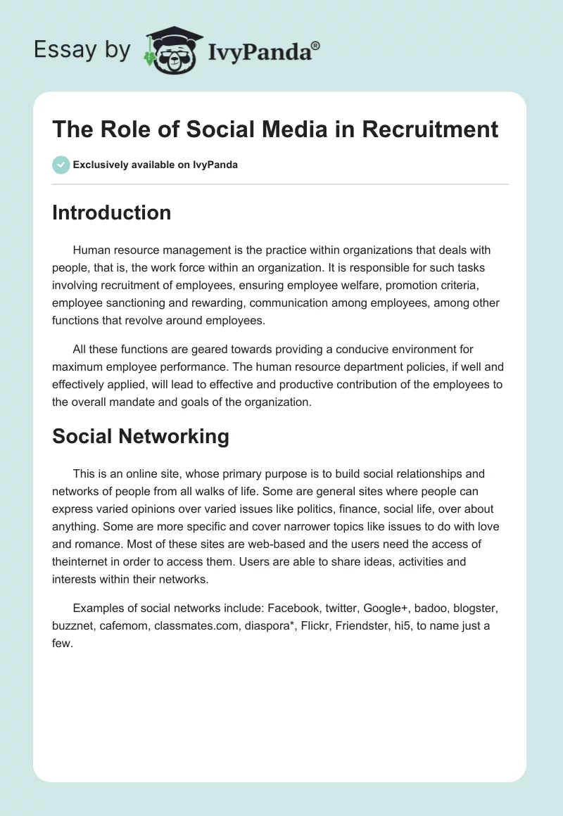 The Role of Social Media in Recruitment. Page 1