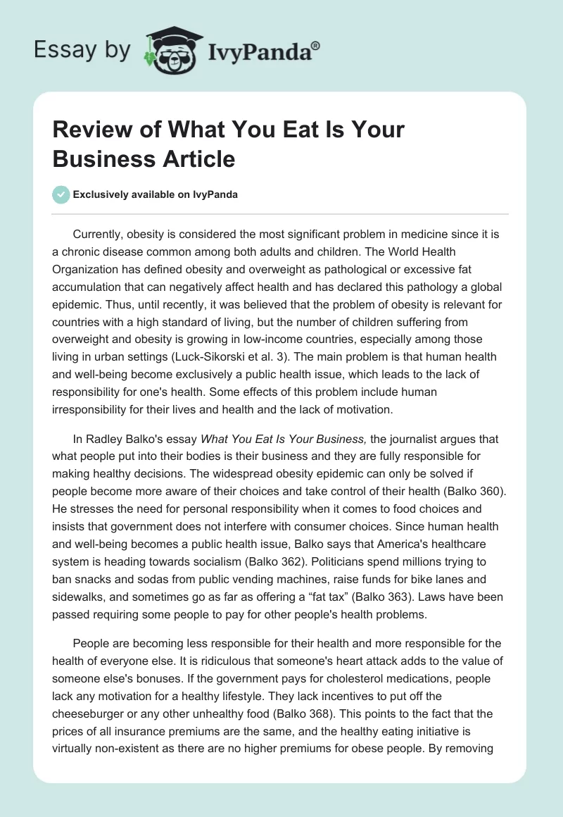 Review of "What You Eat Is Your Business" Article. Page 1