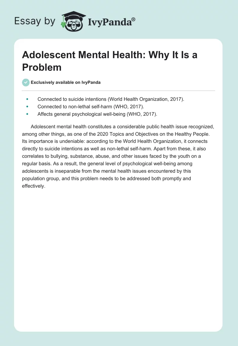 Adolescent Mental Health: Why It Is a Problem. Page 1