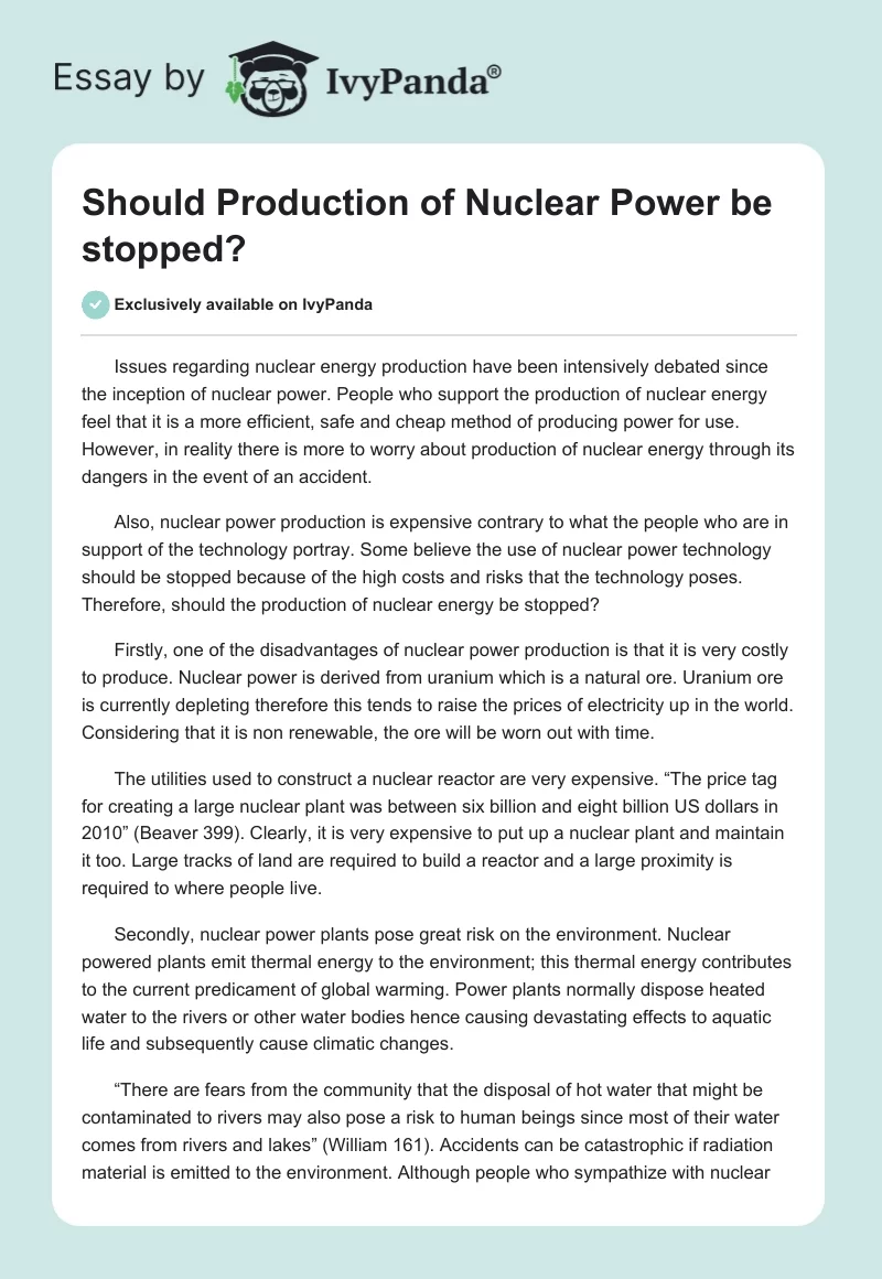 Should Production of Nuclear Power Be Stopped?. Page 1