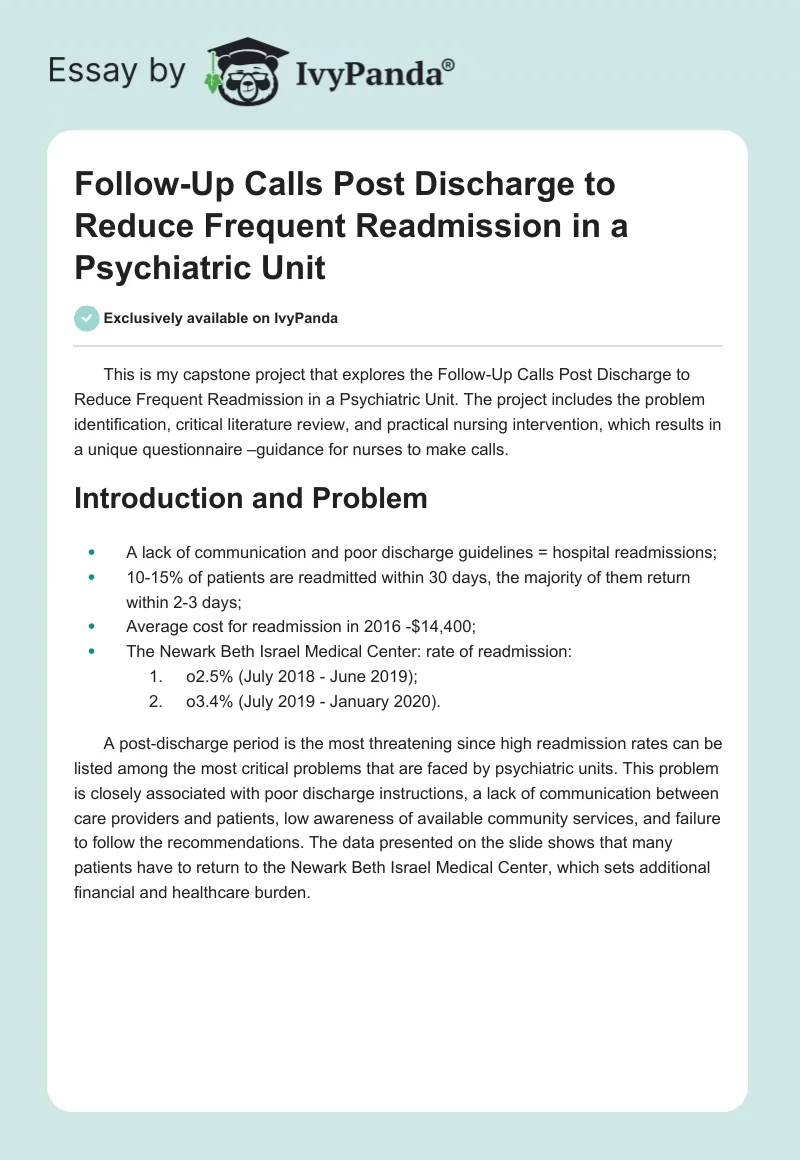 Follow-Up Calls Post Discharge to Reduce Frequent Readmission in a Psychiatric Unit. Page 1