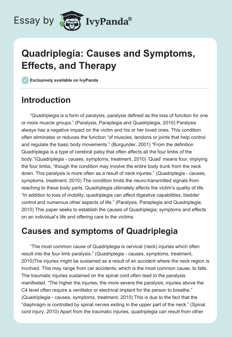 Quadriplegia: Causes and Symptoms, Effects, and Therapy. Page 1