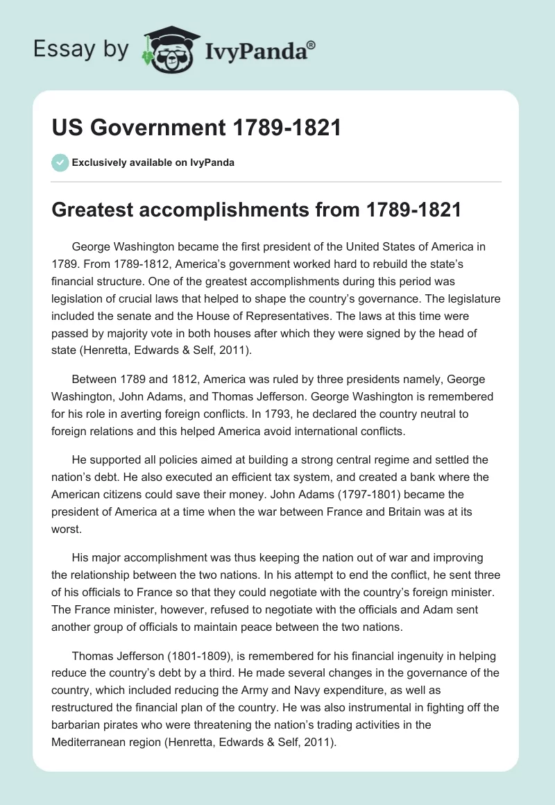 US Government 1789-1821. Page 1