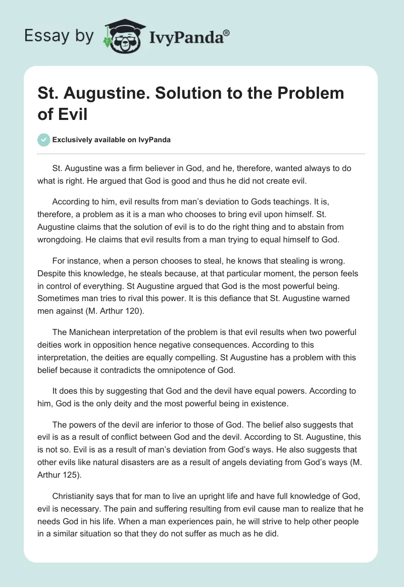 St. Augustine. Solution to the Problem of Evil. Page 1