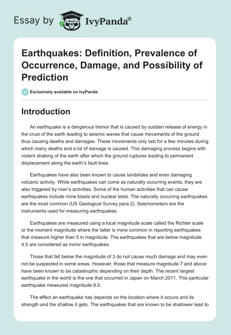 Earthquakes: Definition, Prevalence of Occurrence, Damage, and Possibility of Prediction. Page 1