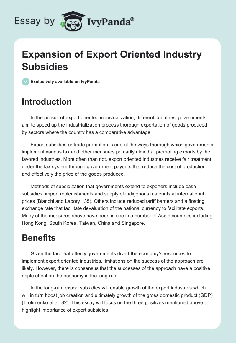 Expansion of Export Oriented Industry Subsidies. Page 1
