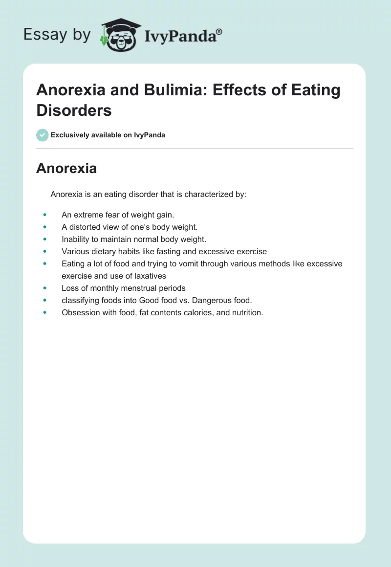 Anorexia and Bulimia: Effects of Eating Disorders. Page 1