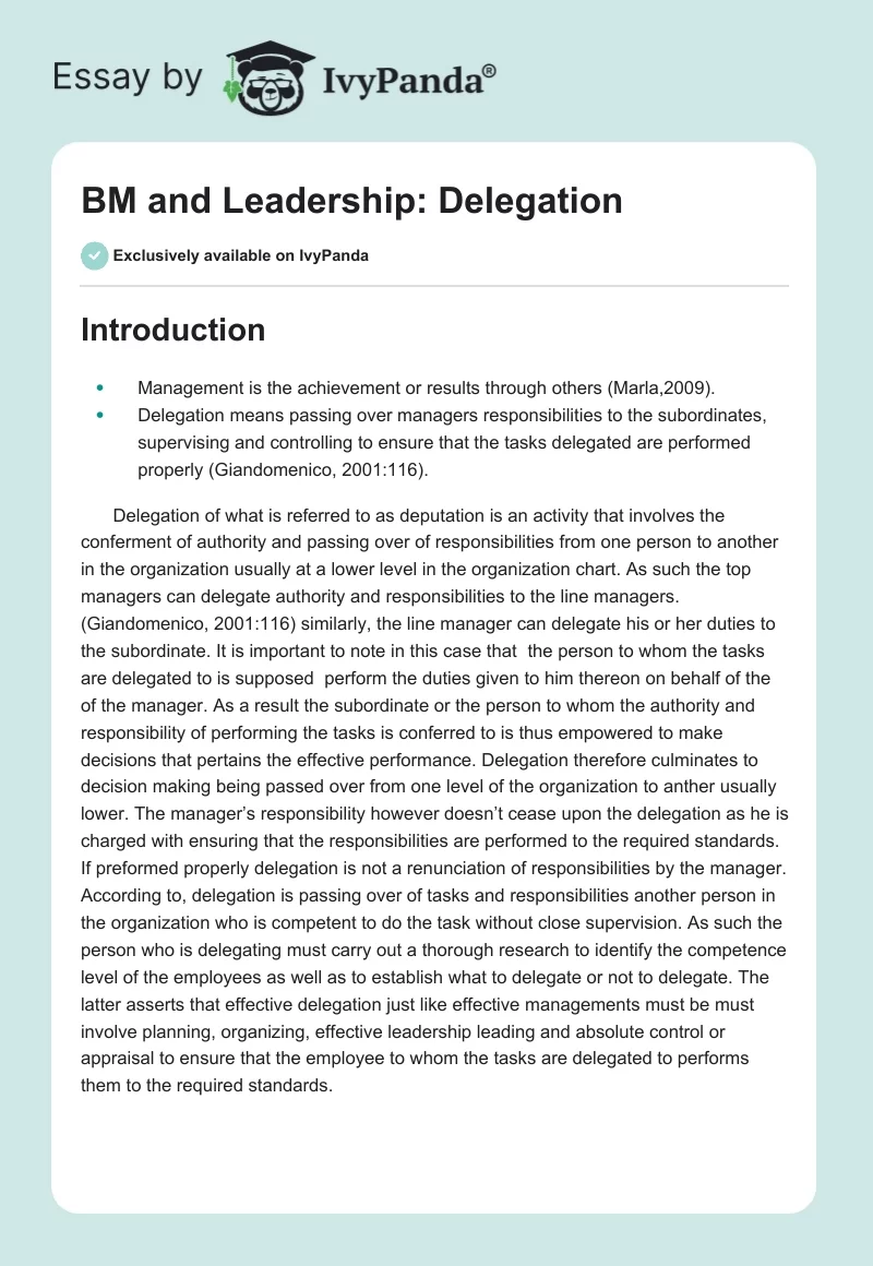 BM and Leadership: Delegation. Page 1