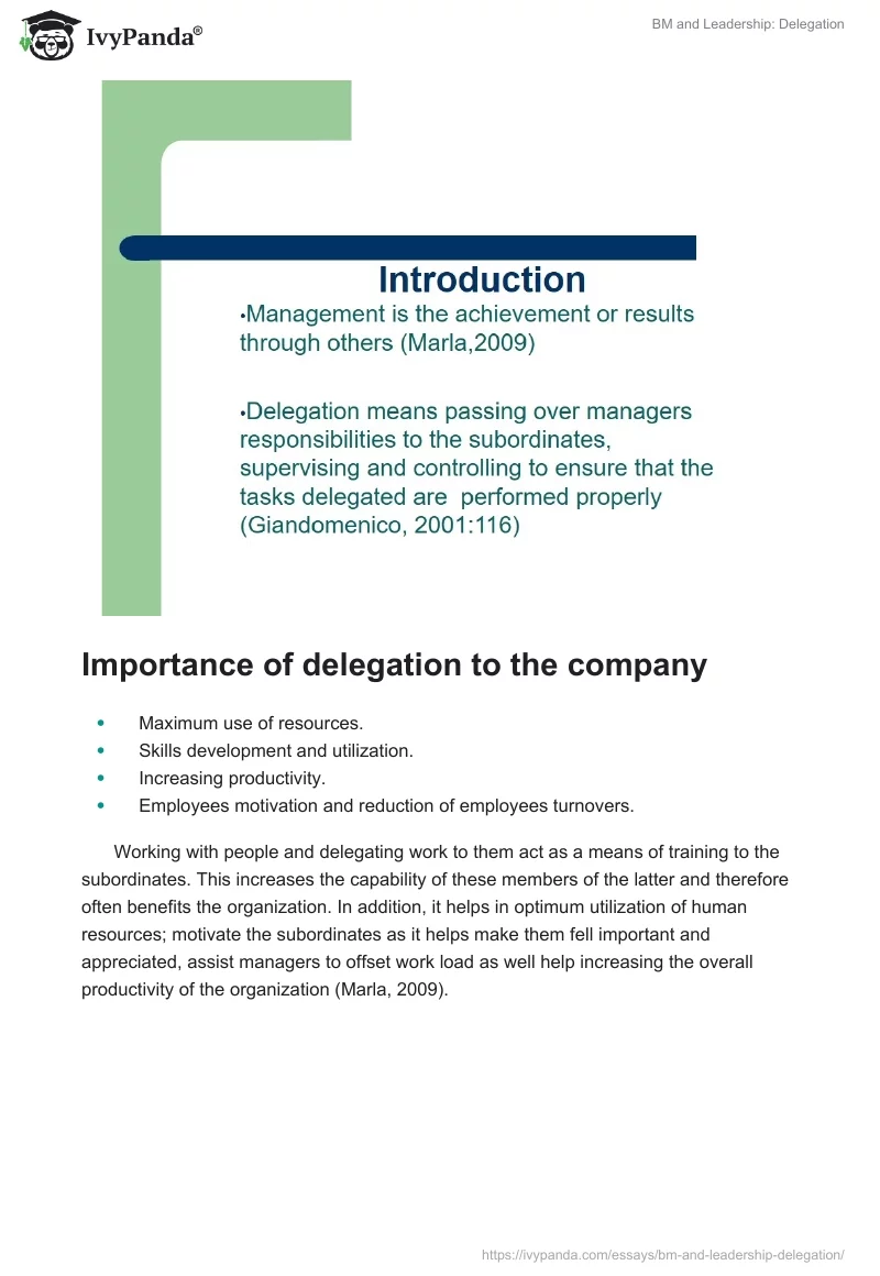 BM and Leadership: Delegation. Page 2