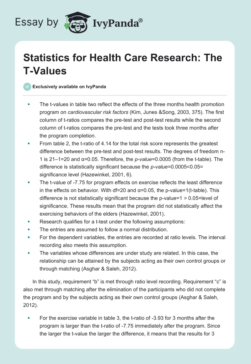 Statistics for Health Care Research: The T-Values. Page 1