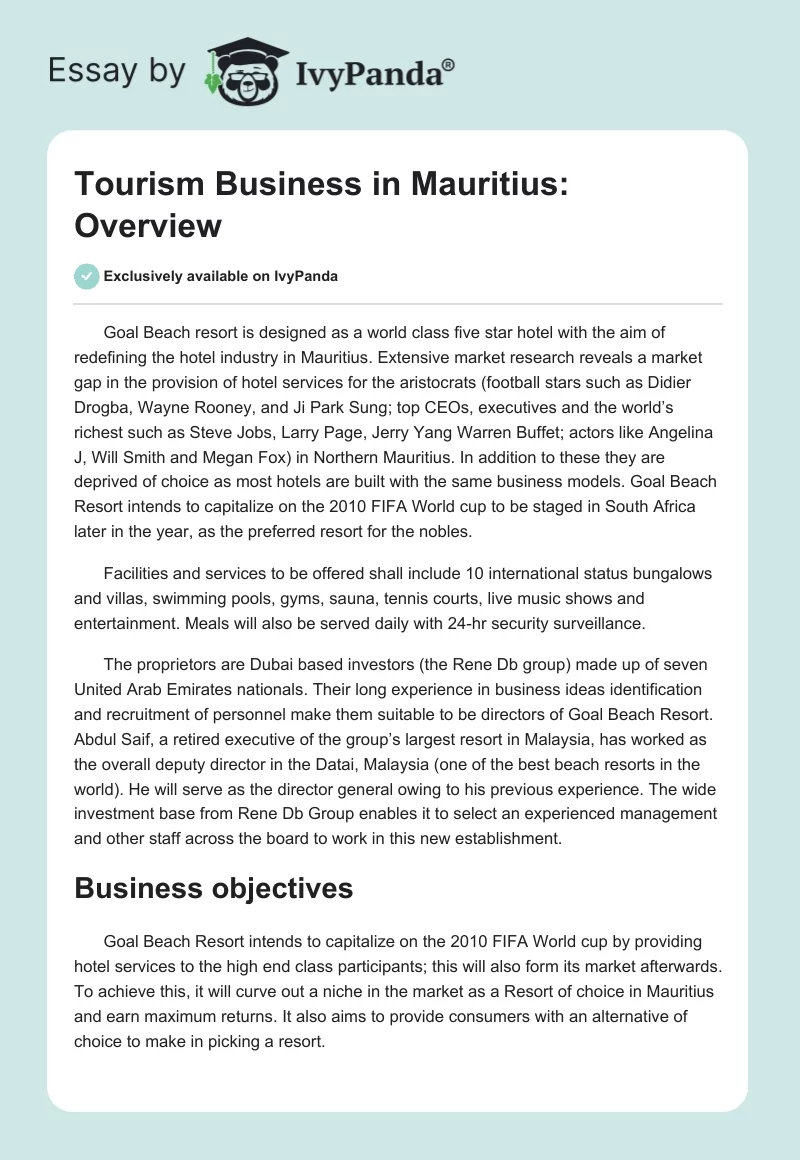 Tourism Business in Mauritius: Overview. Page 1