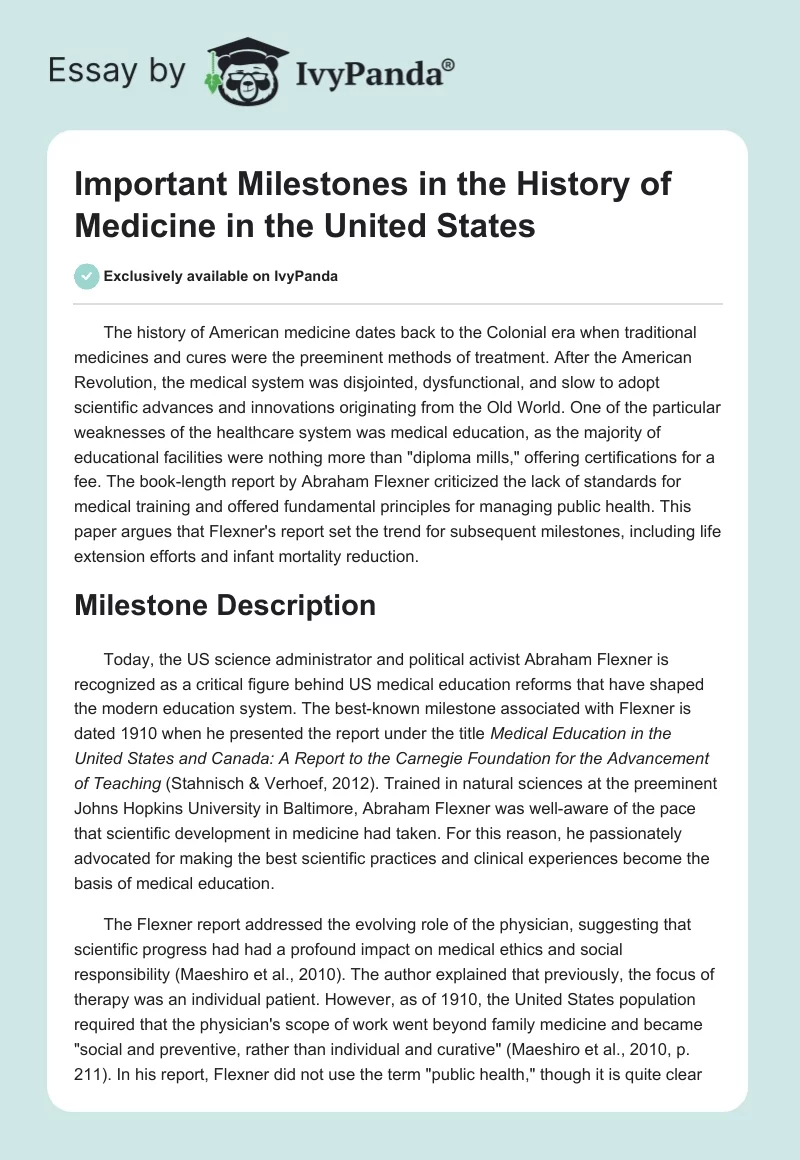 Important Milestones in the History of Medicine in the United States. Page 1