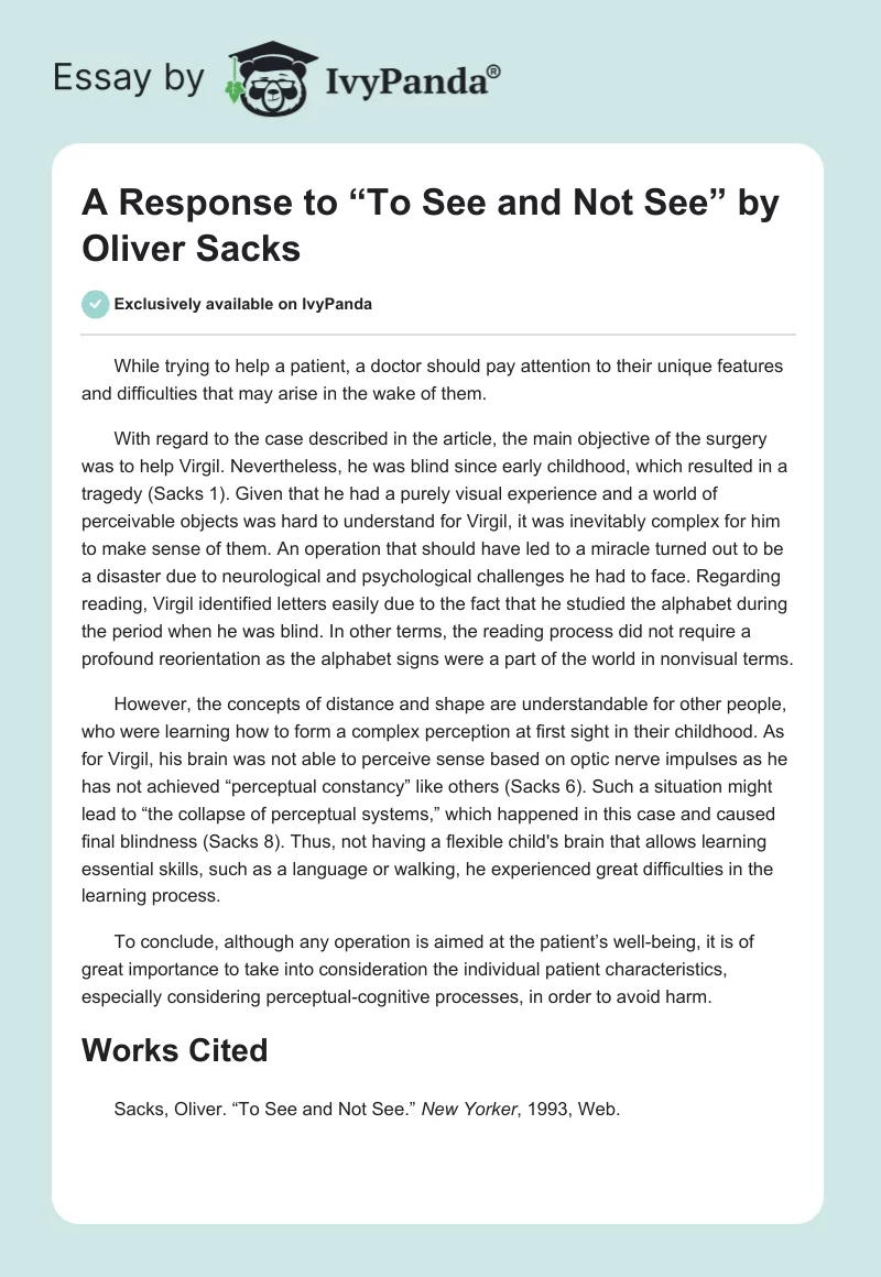 A Response to “To See and Not See” by Oliver Sacks. Page 1