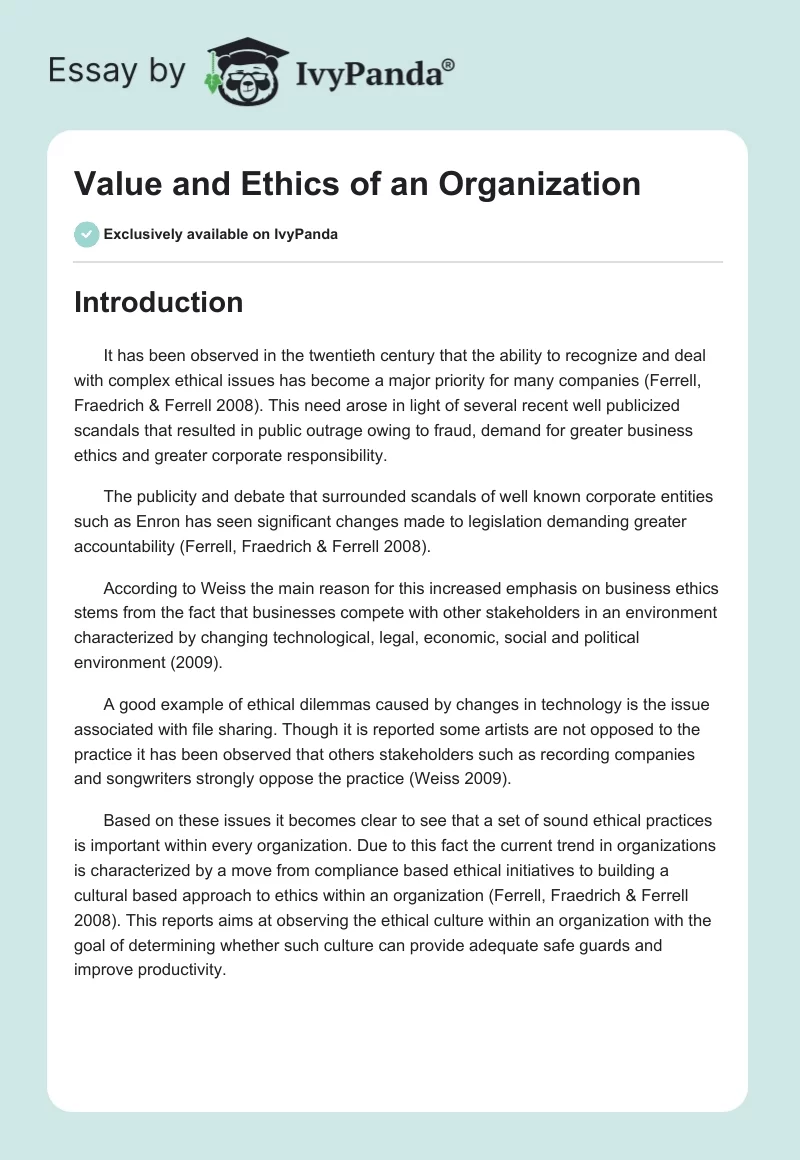Value and Ethics of an Organization. Page 1