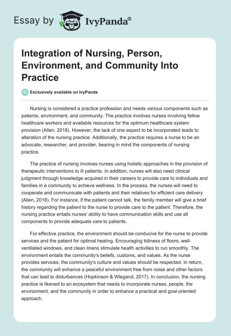 Integration of Nursing, Person, Environment, and Community Into Practice. Page 1