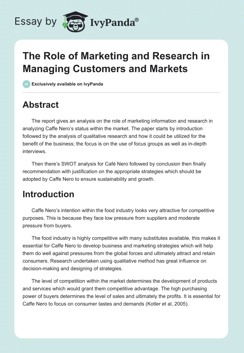 The Role of Marketing and Research in Managing Customers and Markets. Page 1