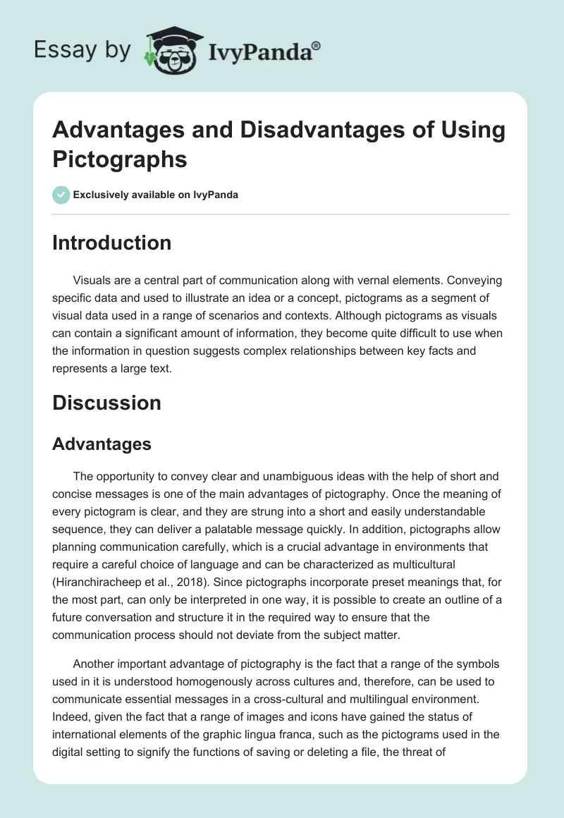 Advantages and Disadvantages of Using Pictographs. Page 1