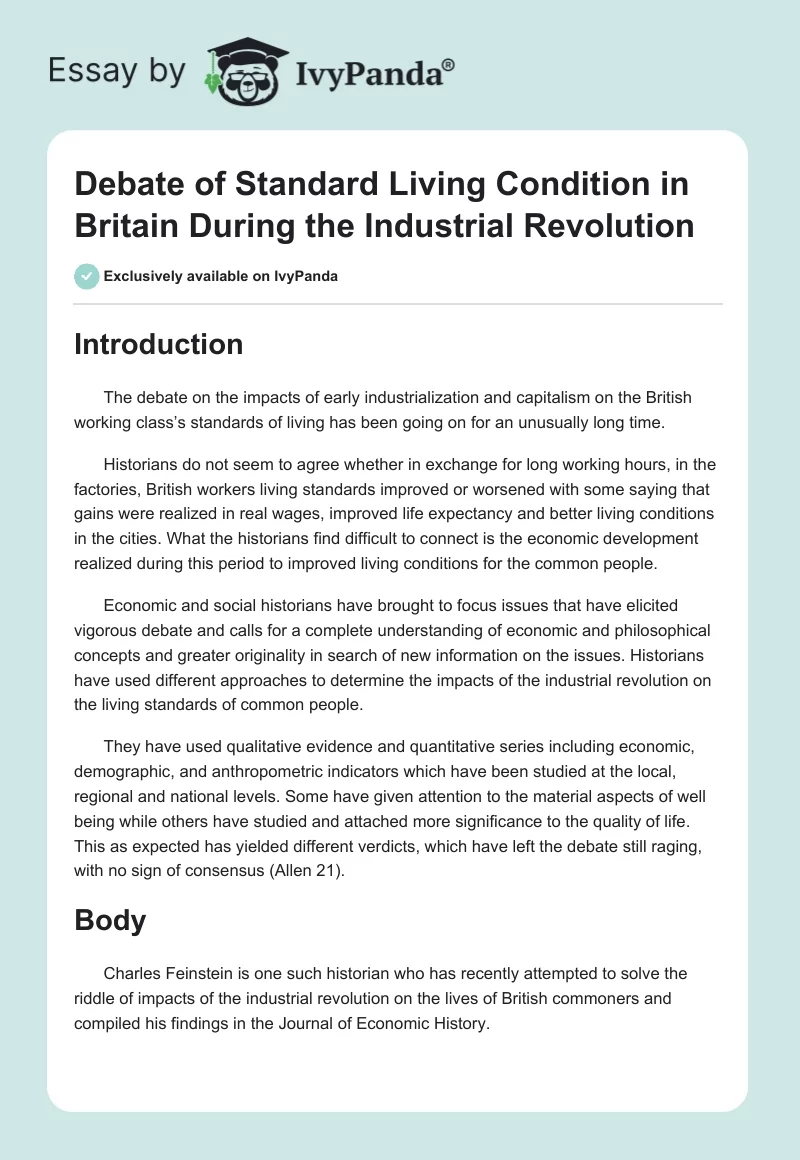 Debate of Standard Living Condition in Britain During the Industrial Revolution. Page 1