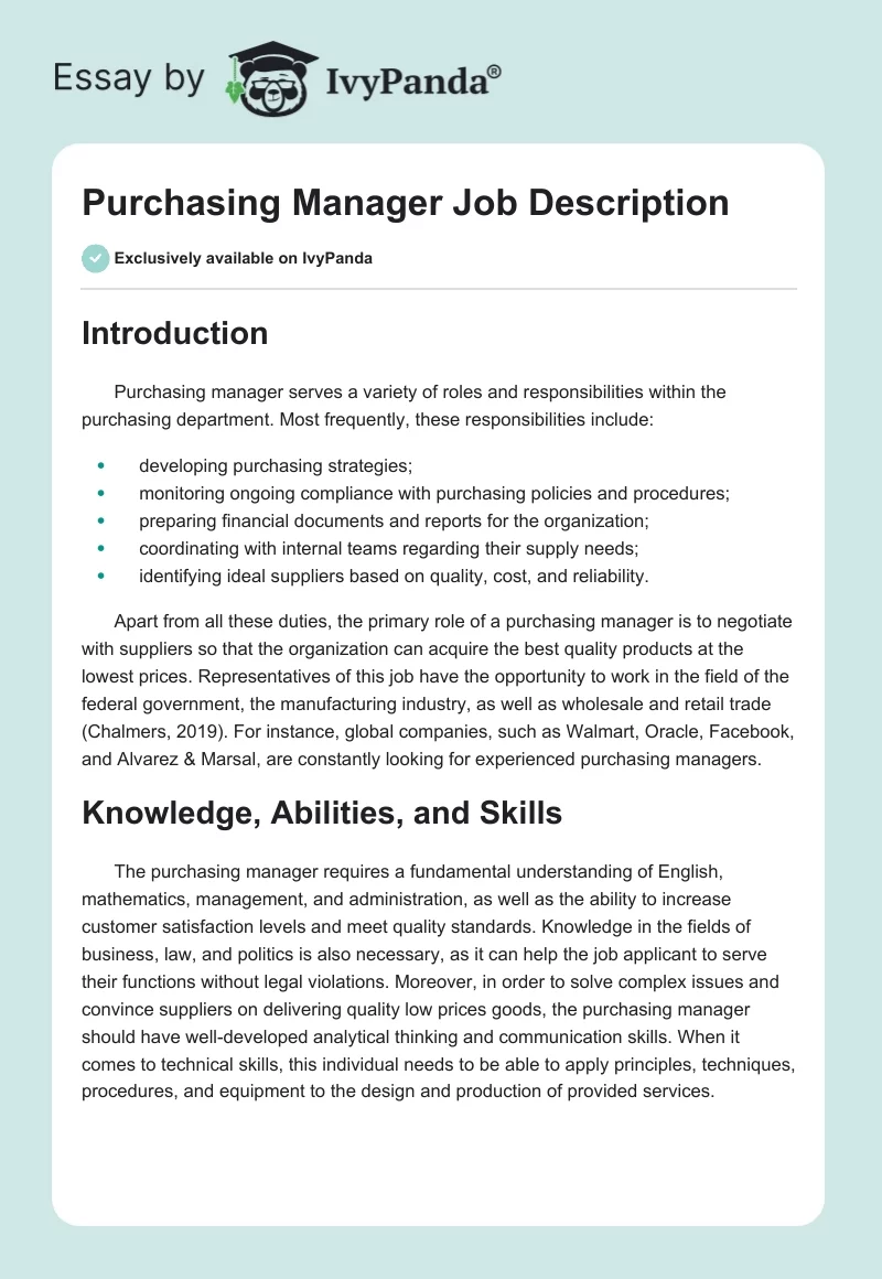 Purchasing Manager Job Description. Page 1