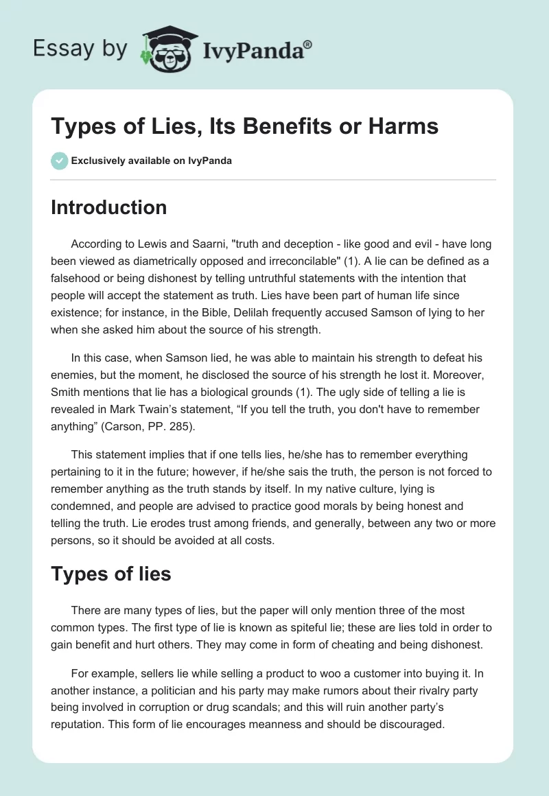 Types of Lies, Its Benefits or Harms. Page 1