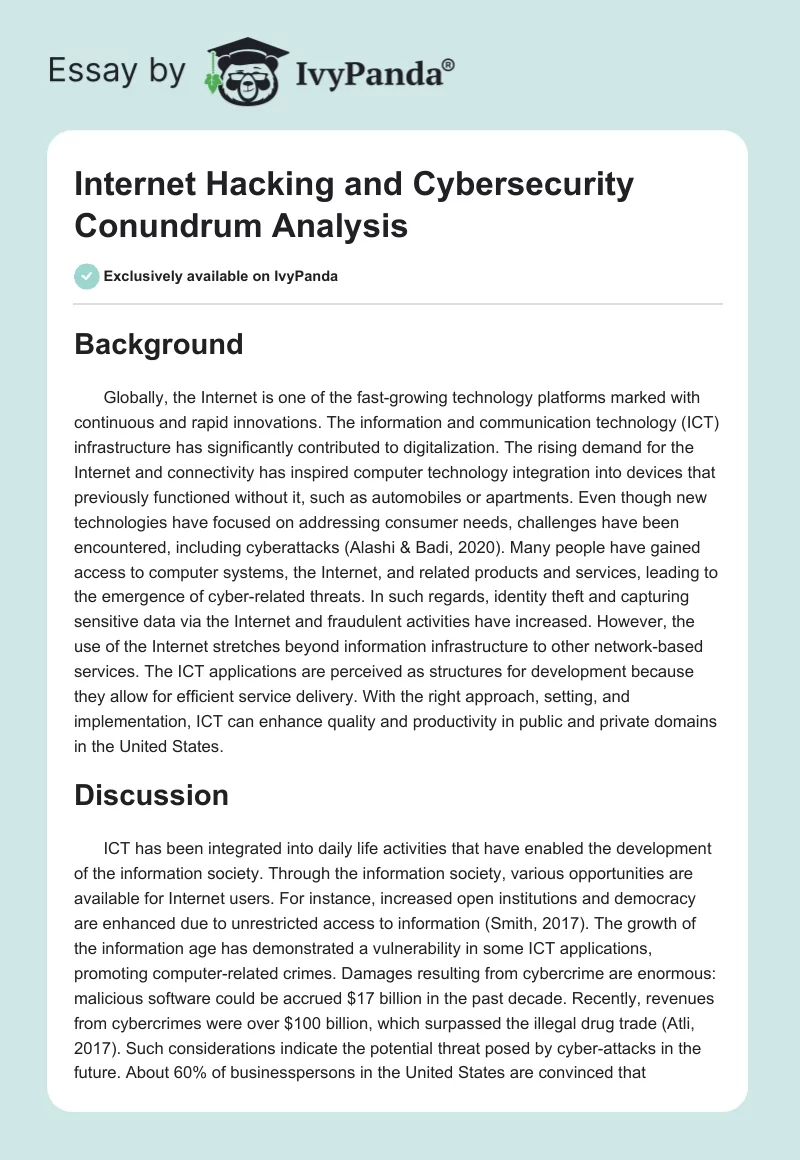 Internet Hacking and Cybersecurity Conundrum Analysis. Page 1