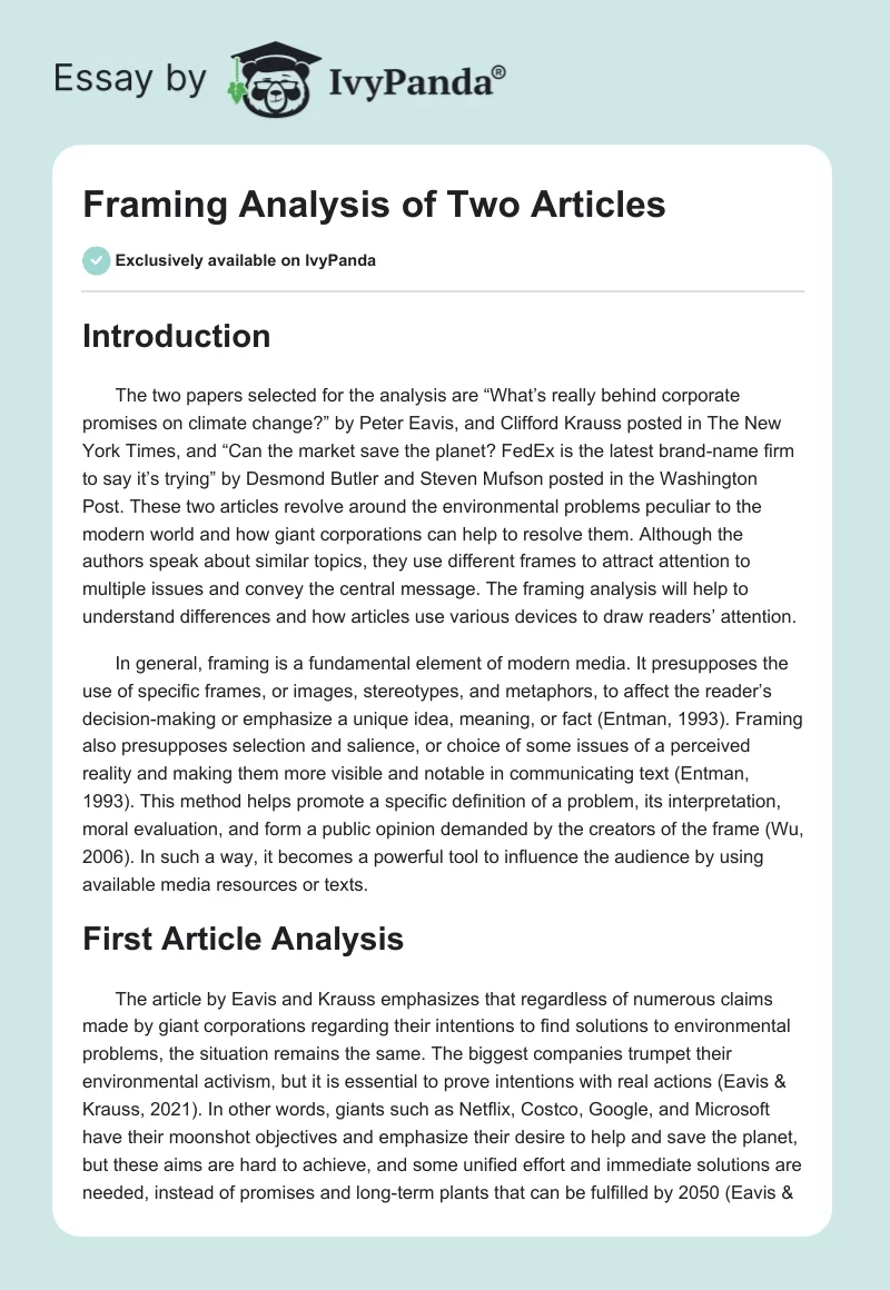 Framing Analysis of Two Articles. Page 1