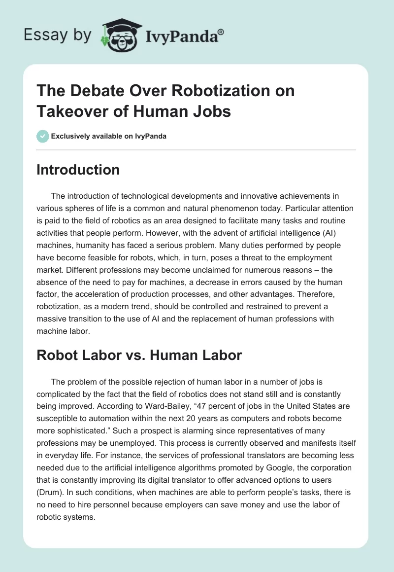 The Debate Over Robotization on Takeover of Human Jobs. Page 1