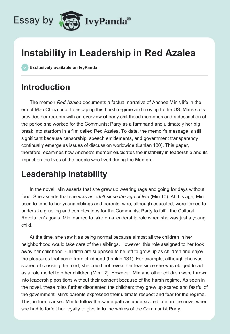 Instability in Leadership in "Red Azalea". Page 1