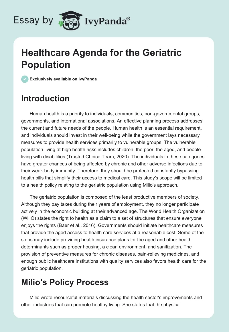 Healthcare Agenda for the Geriatric Population. Page 1