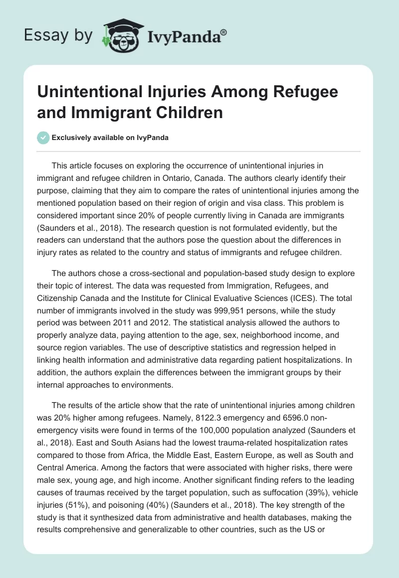 Unintentional Injuries Among Refugee and Immigrant Children. Page 1