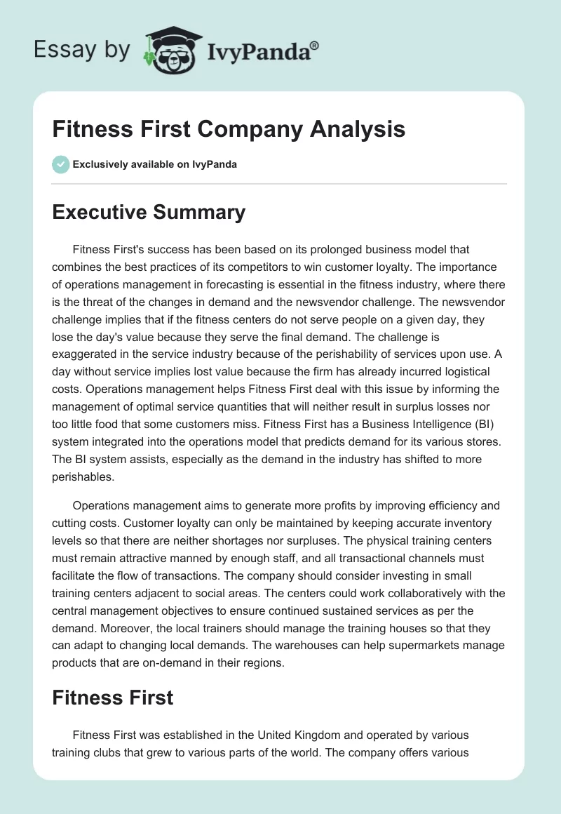 Fitness First Company Analysis. Page 1