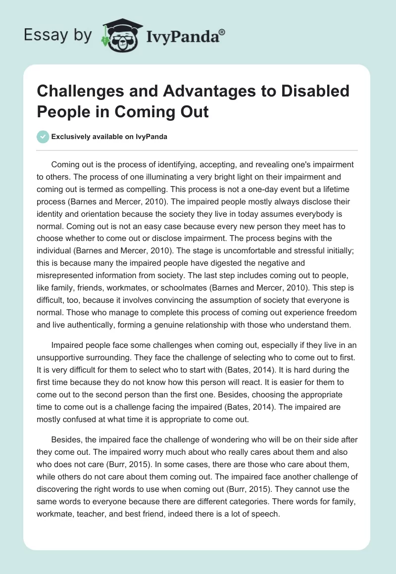 Challenges and Advantages to Disabled People in "Coming Out". Page 1