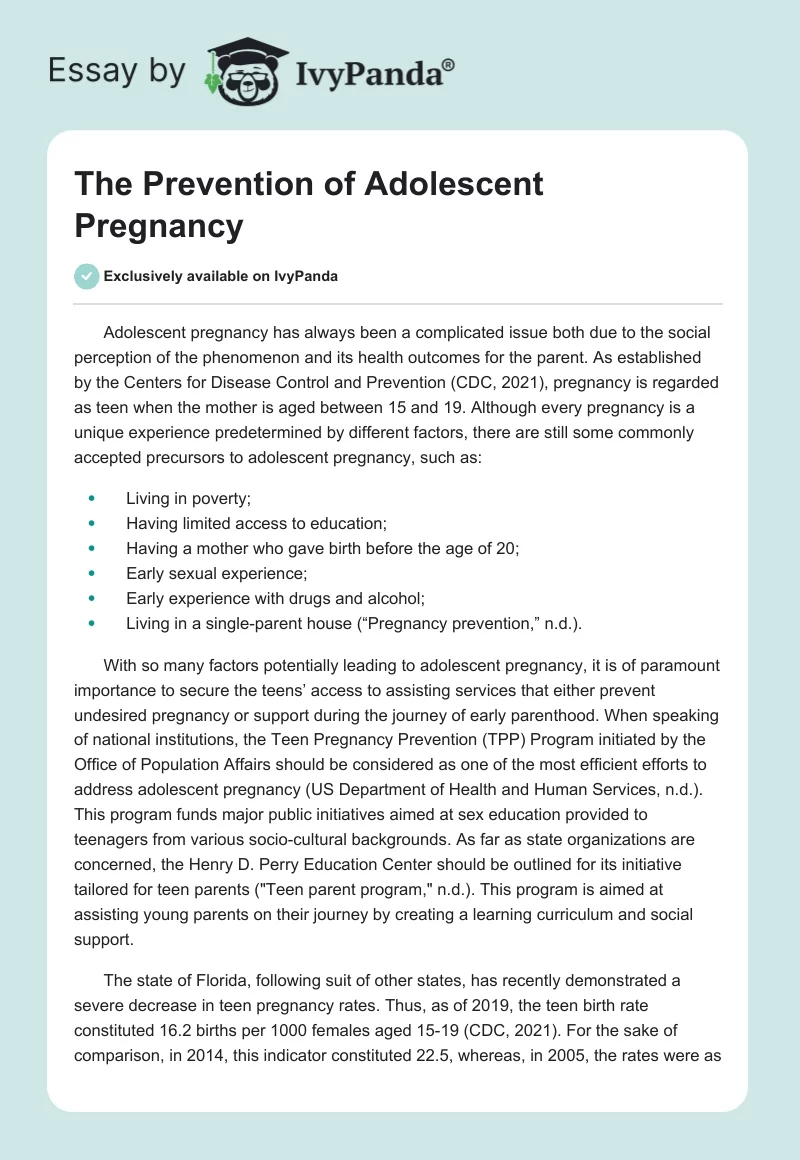 The Prevention of Adolescent Pregnancy. Page 1