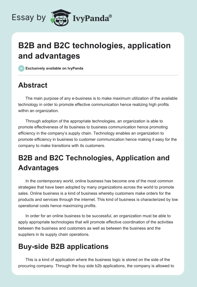 B2B and B2C technologies, application and advantages - 1666 Words ...