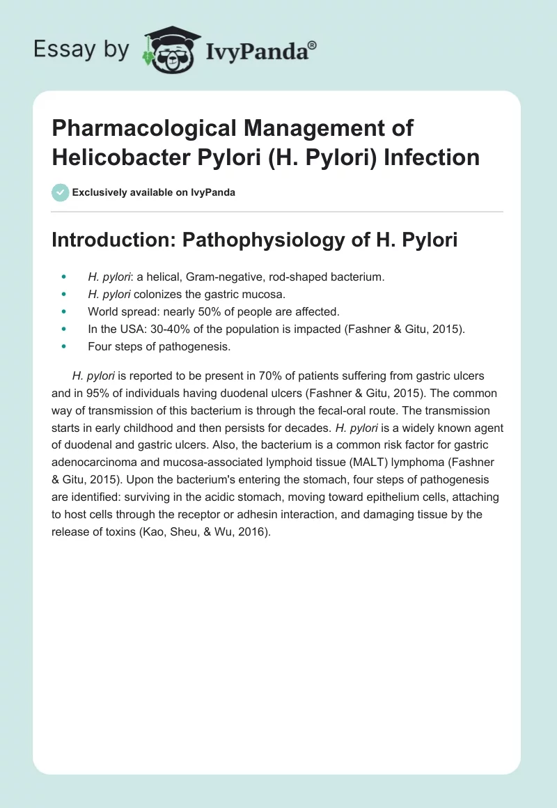 Pharmacological Management of Helicobacter Pylori (H. Pylori) Infection. Page 1