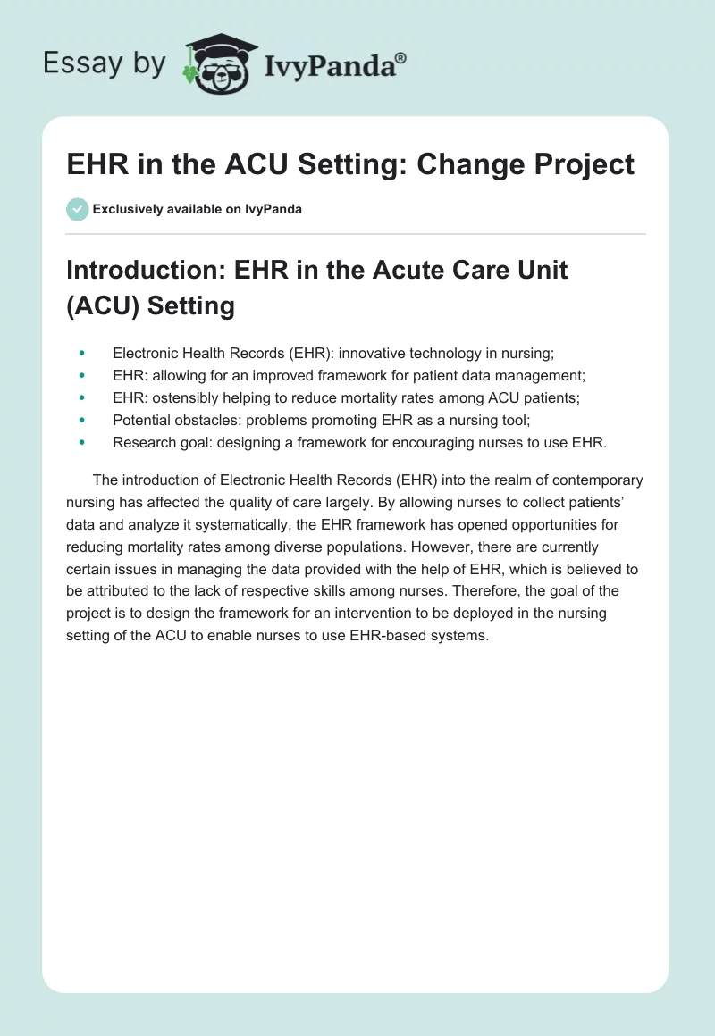 EHR in the ACU Setting: Change Project. Page 1