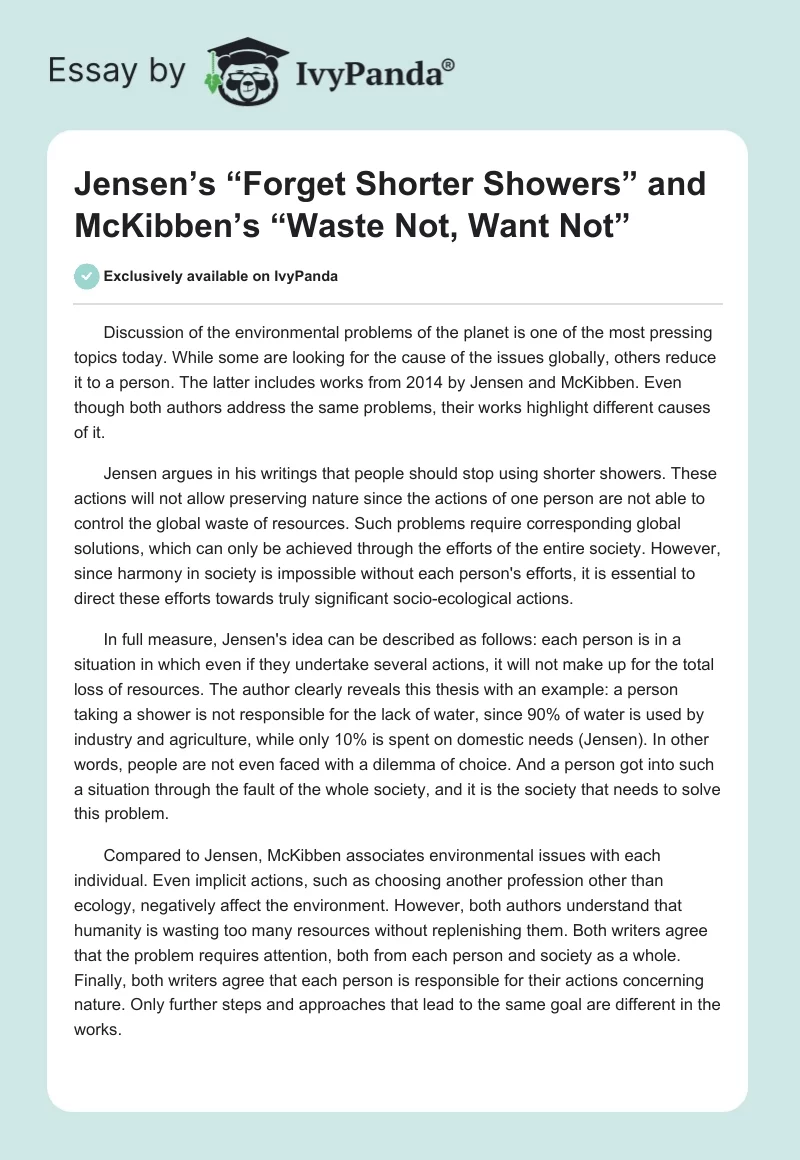 Jensen’s “Forget Shorter Showers” and McKibben’s “Waste Not, Want Not”. Page 1