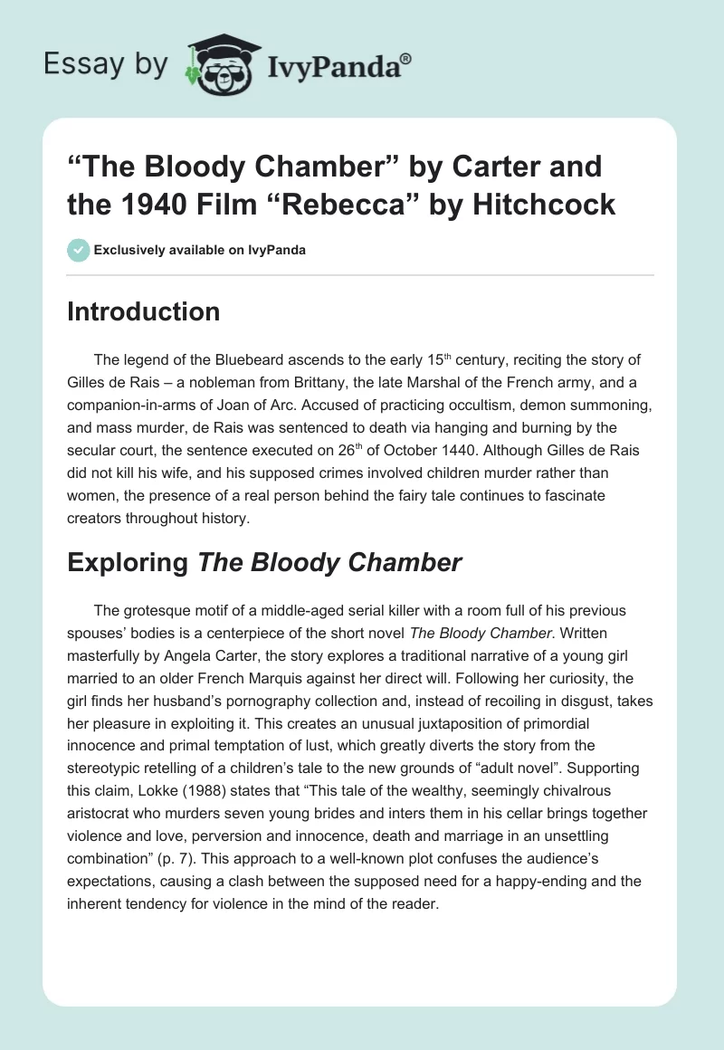 “The Bloody Chamber” by Carter and the 1940 Film “Rebecca” by Hitchcock. Page 1