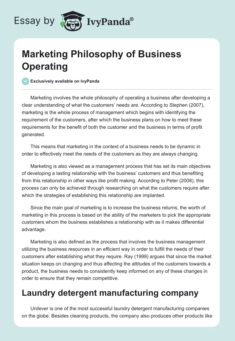 Marketing Philosophy of Business Operating. Page 1