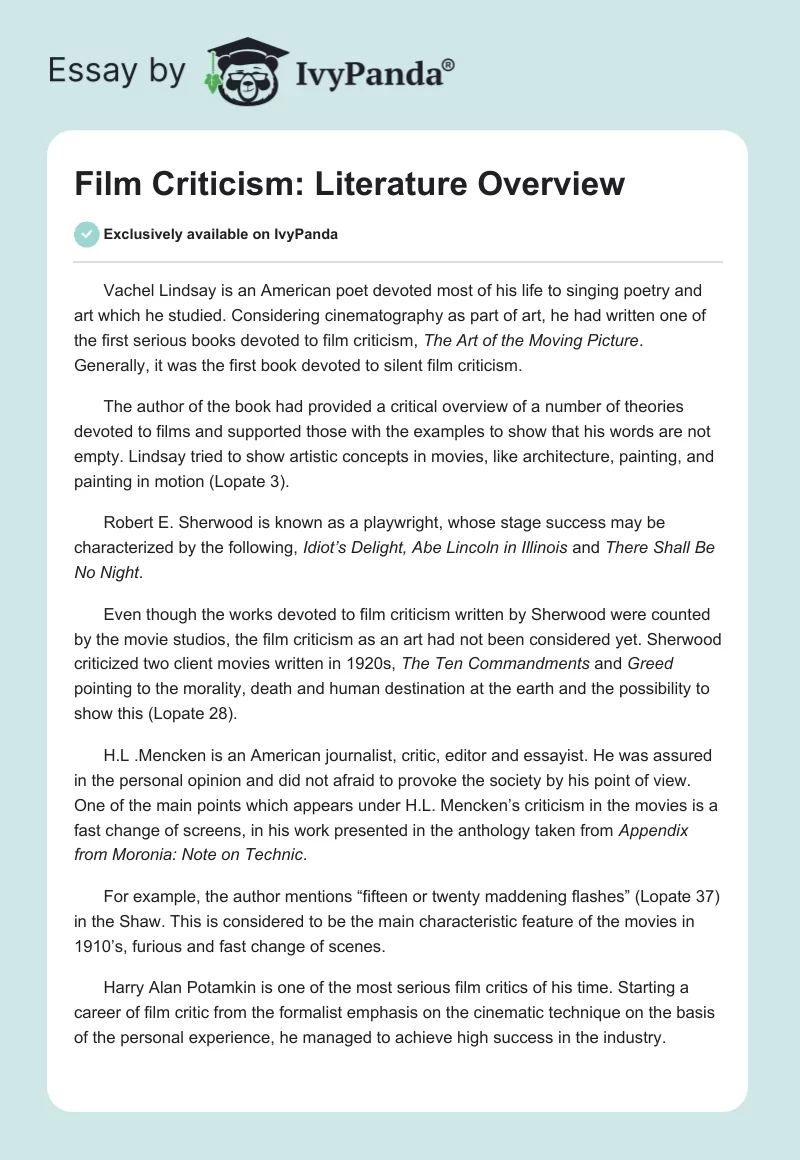 Film Criticism: Literature Overview. Page 1