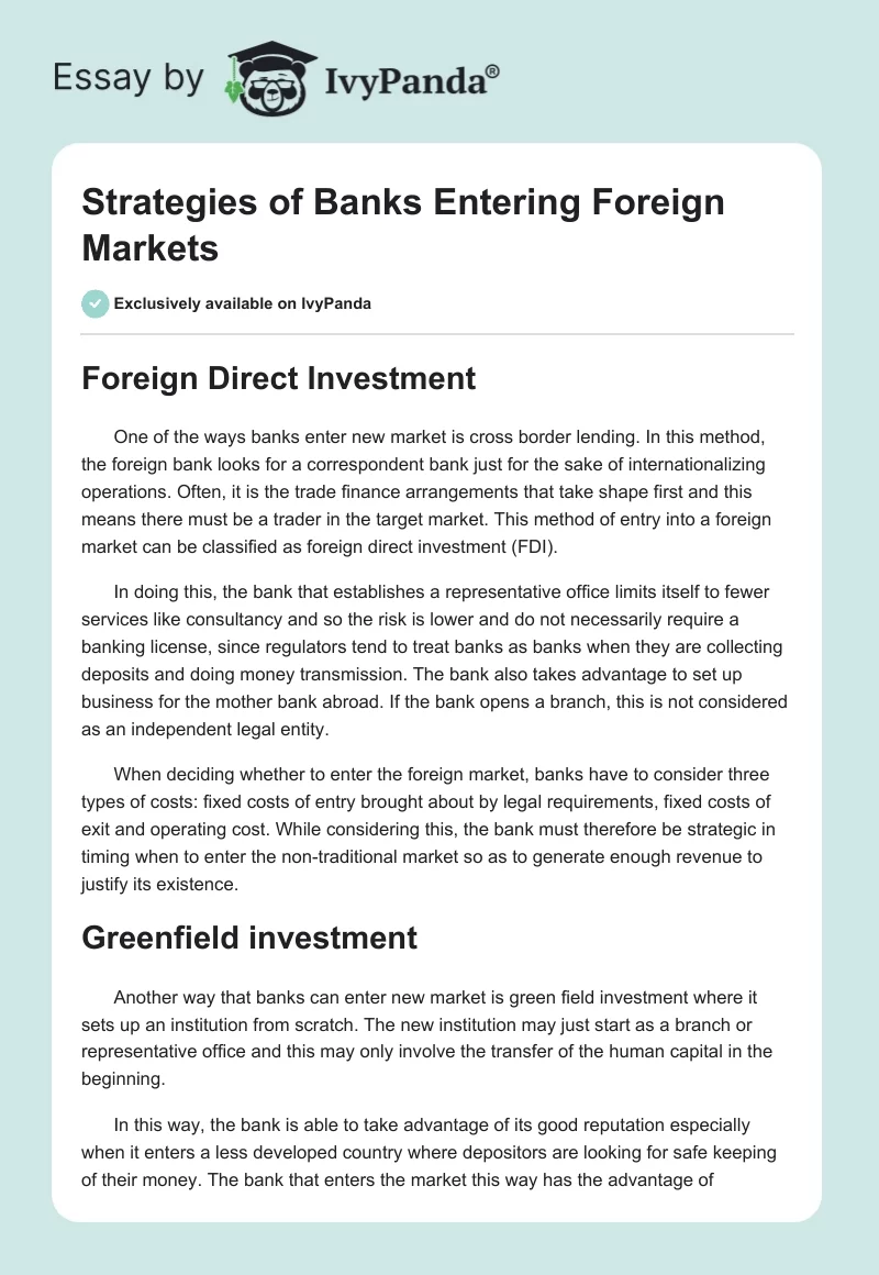 Strategies of Banks Entering Foreign Markets. Page 1