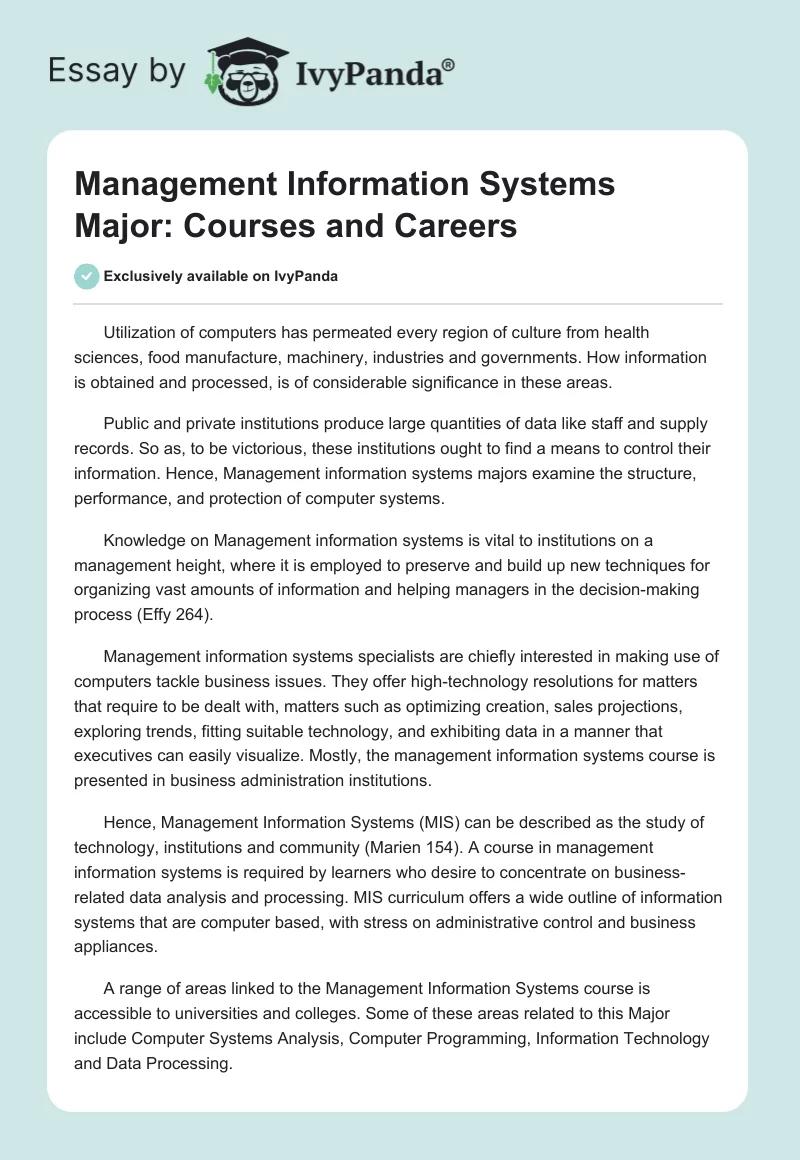 Management Information Systems Major: Courses and Careers. Page 1