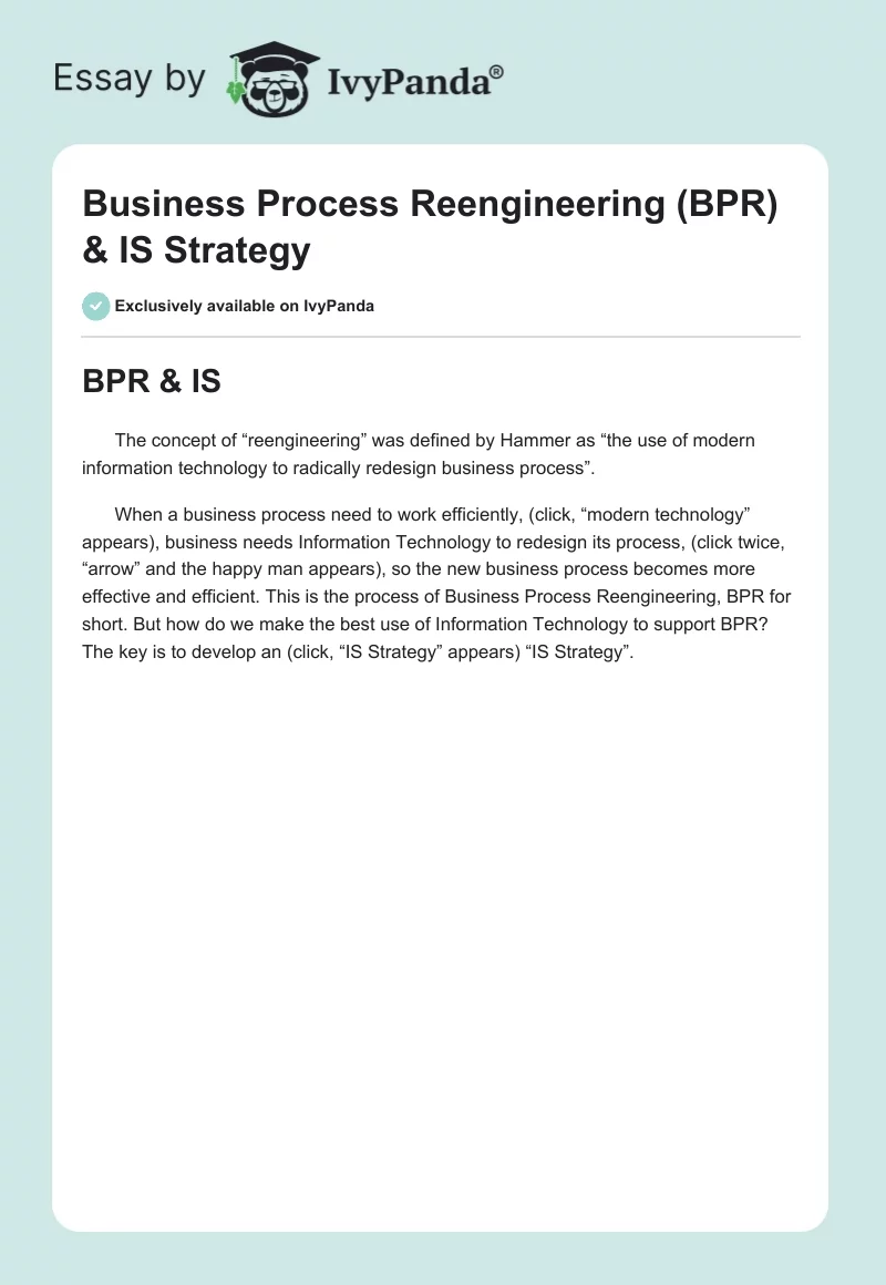 Business Process Reengineering (BPR) & IS Strategy. Page 1